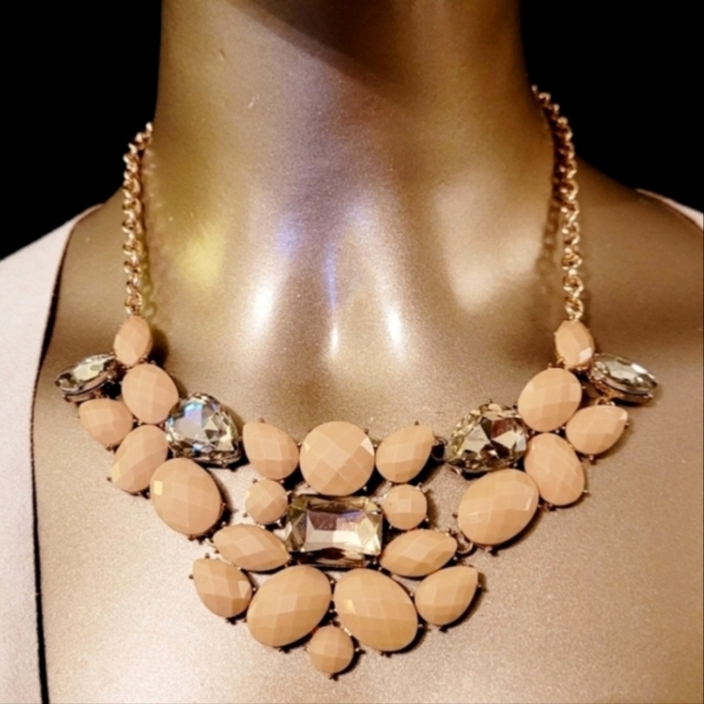 Vintage Beaded Champagne Crystal Gold Statement Necklace